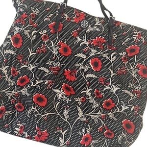 Tory Burch Virginia Red Retro Floral Block Print Nylon Leather Zip Tote Bag